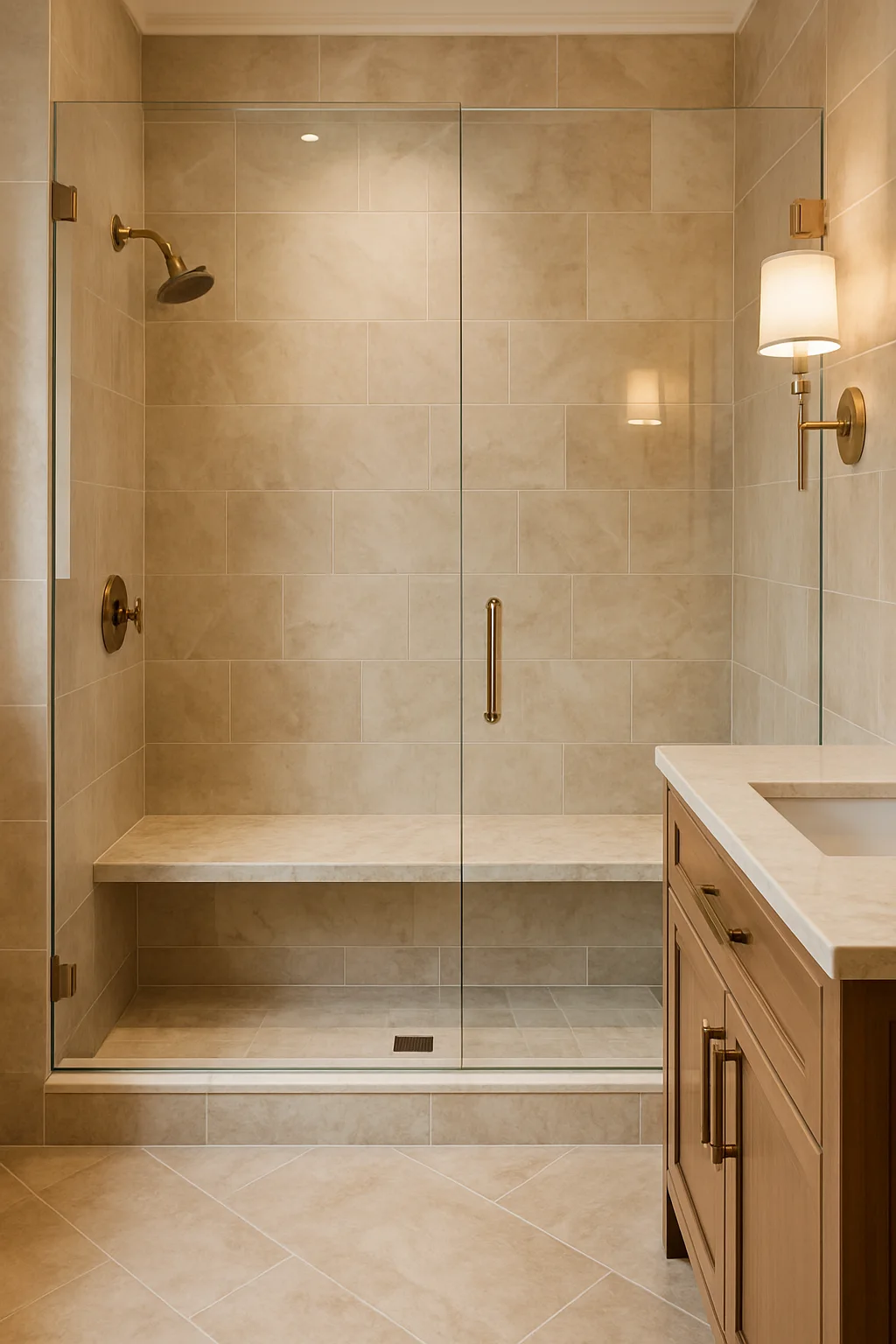 Modern curbless shower featuring a built-in bench and luxury finishes