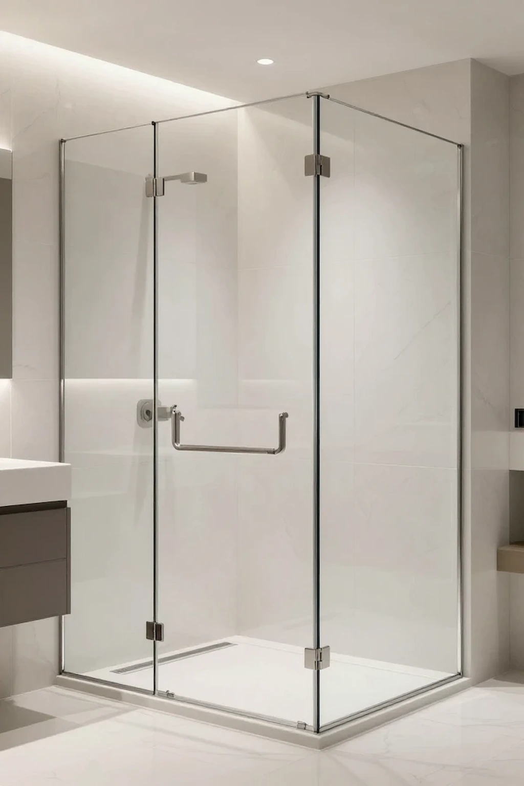 Modern curbless walk-in shower with seamless floor transition
