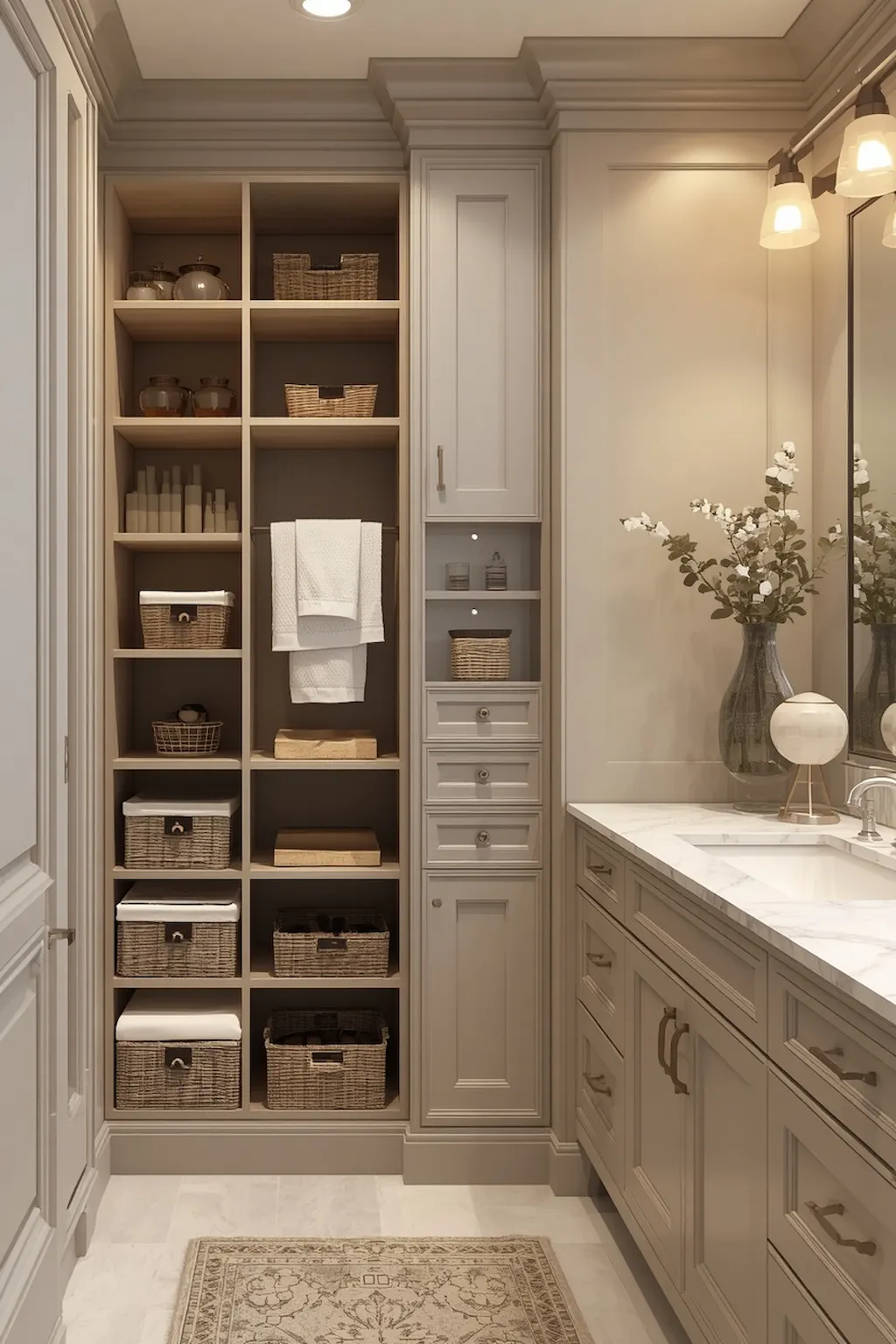 Luxury bathroom featuring custom built-in cabinetry with seamless storage solutions