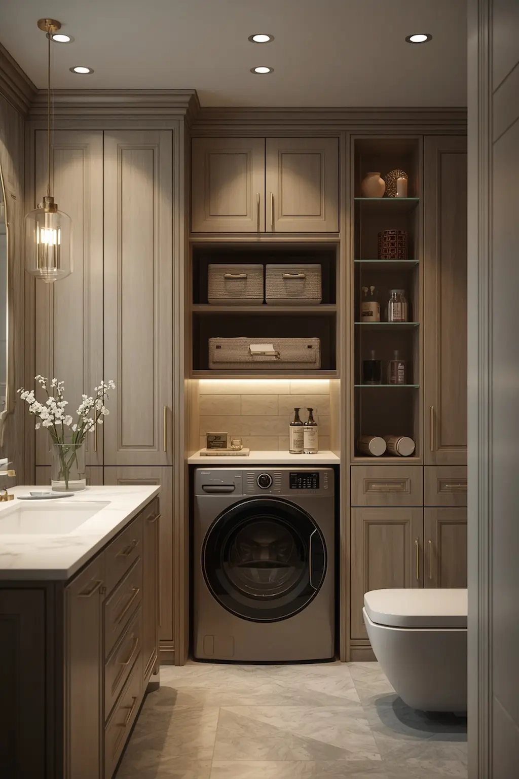 Luxury bathroom featuring custom-built cabinetry with personalized storage solutions