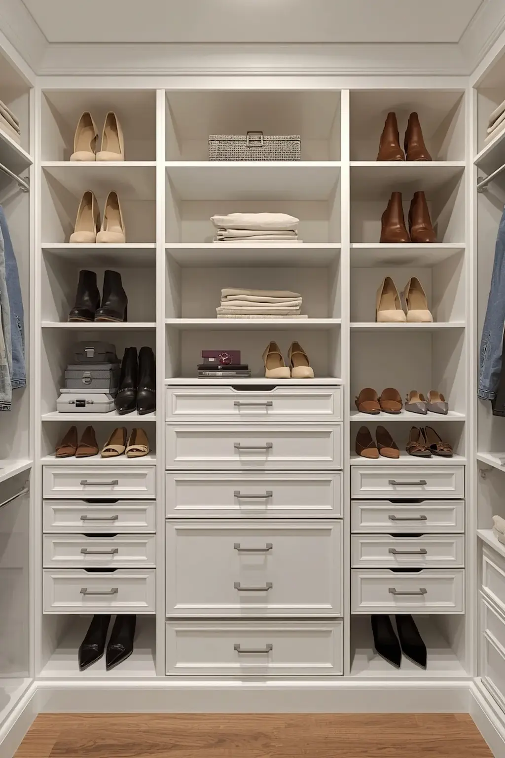 Small closet with custom built-in shelving, drawers, and hanging sections