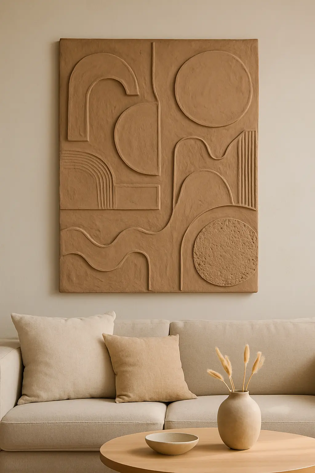 Handmade abstract clay wall hanging displayed as a statement piece in a living room