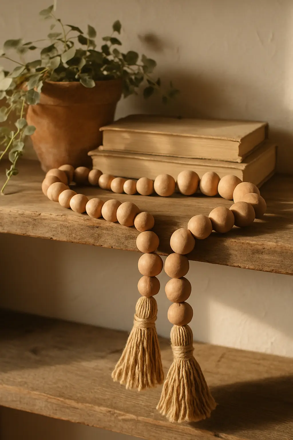 Decorative clay bead garland with tassels styled on a farmhouse shelf
