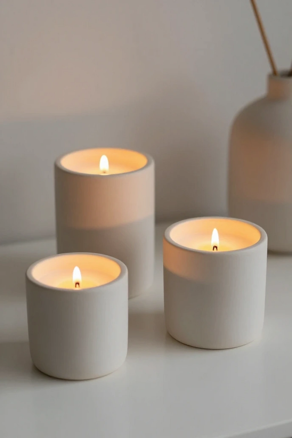 Minimalist clay candle holders displayed on a coffee table with warm candlelight
