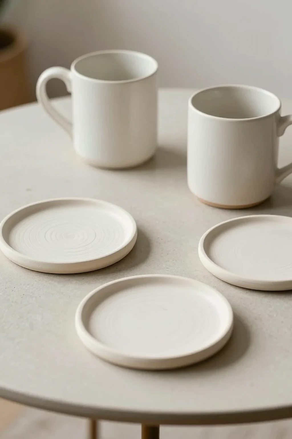 Handmade clay coasters with textured patterns placed under coffee mugs