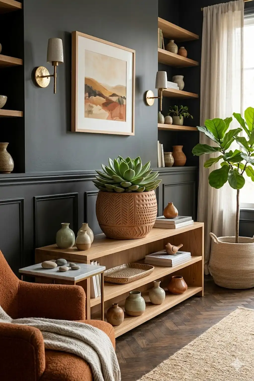 Handmade textured clay planter holding a small succulent on a wooden shelf