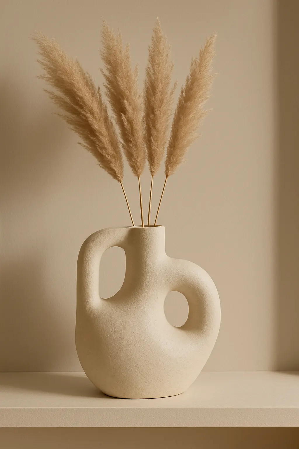 Sculptural handmade clay vase displayed on a stylish shelf with dried flowers