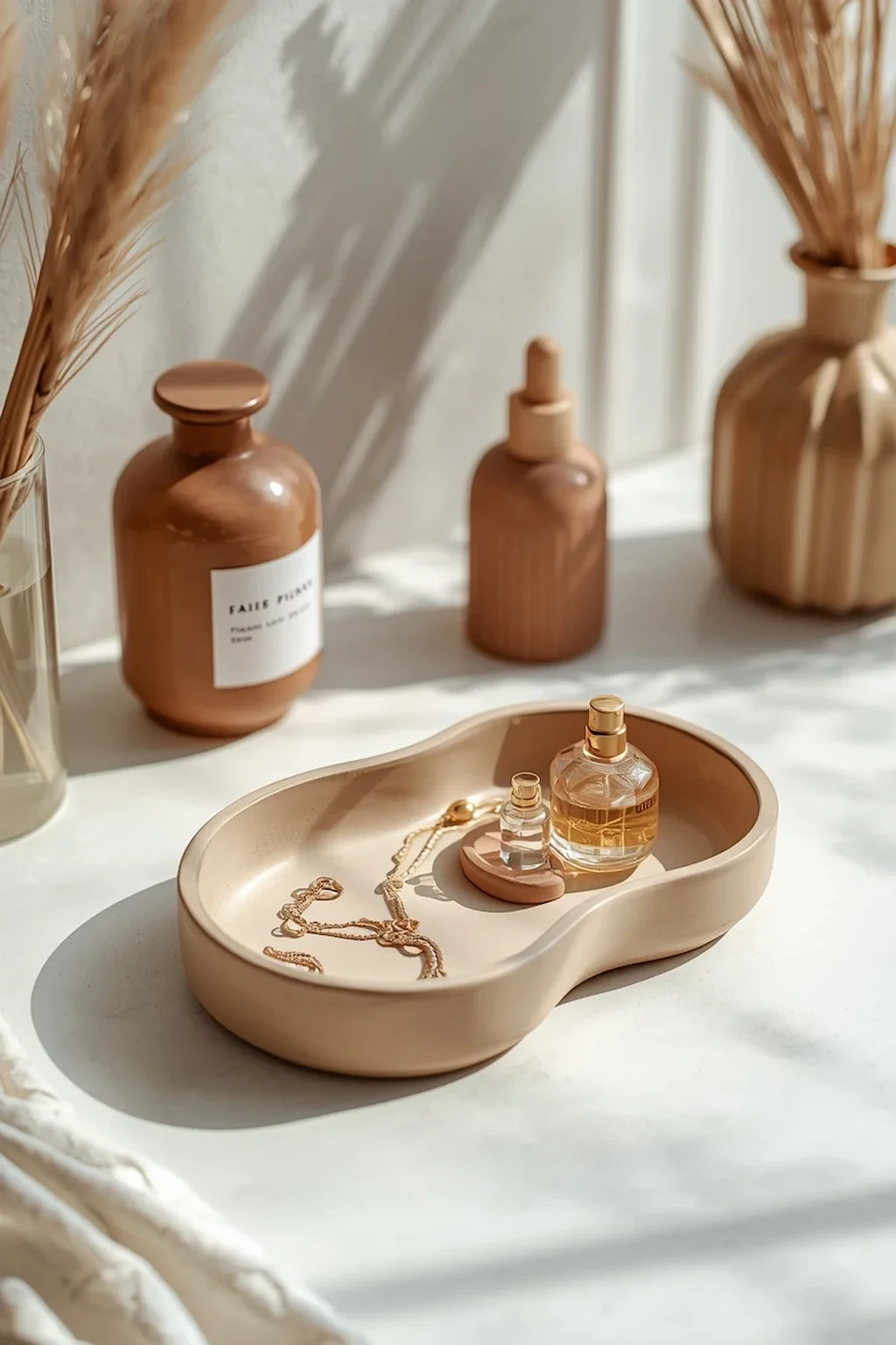 Freeform clay trinket tray displaying perfume bottles and jewelry