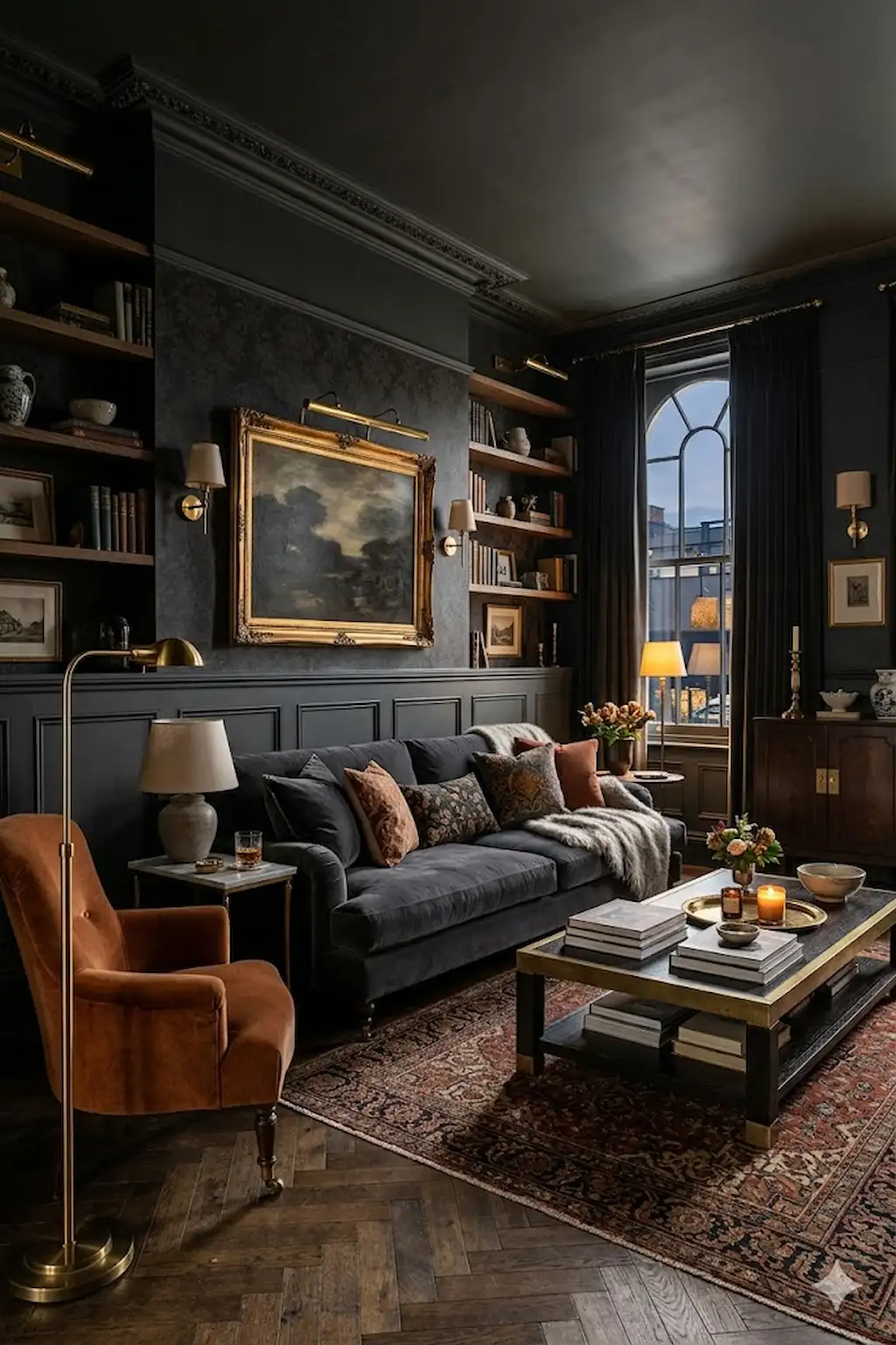 Moody living room with dark charcoal wainscoting and warm lighting