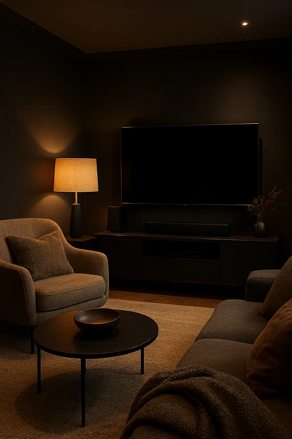 Intimate TV room featuring deep navy walls and warm lighting