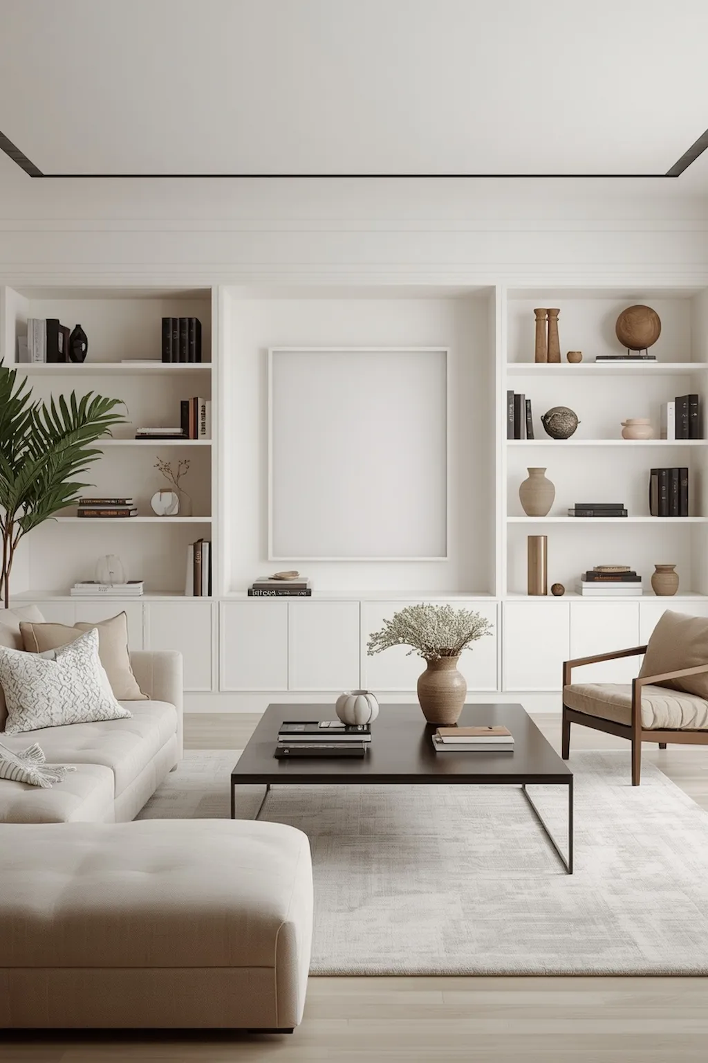 Clean and organized living room with thoughtfully styled decor.