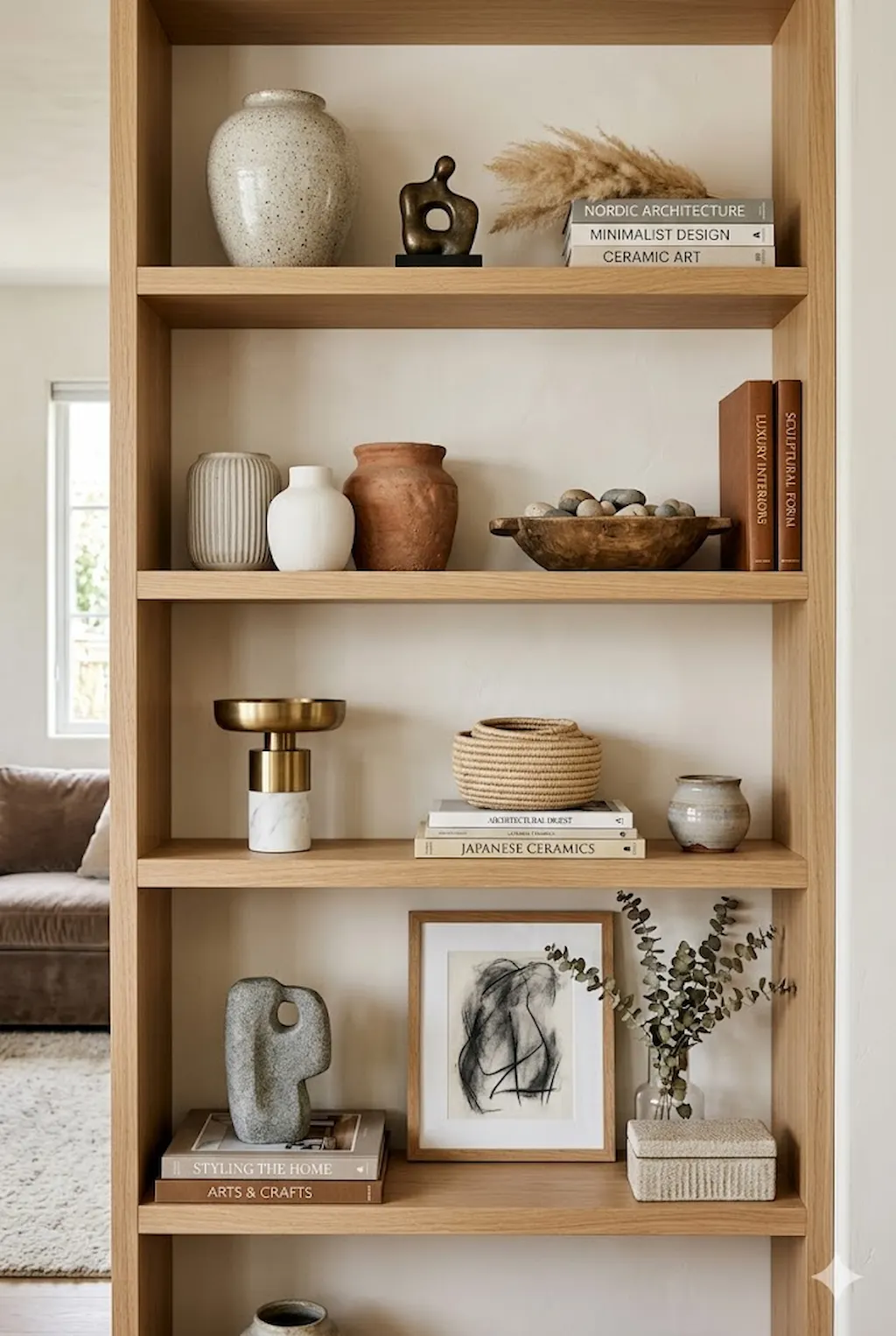 Elegant shelf styling with ceramic vases, books, and sculptural decor