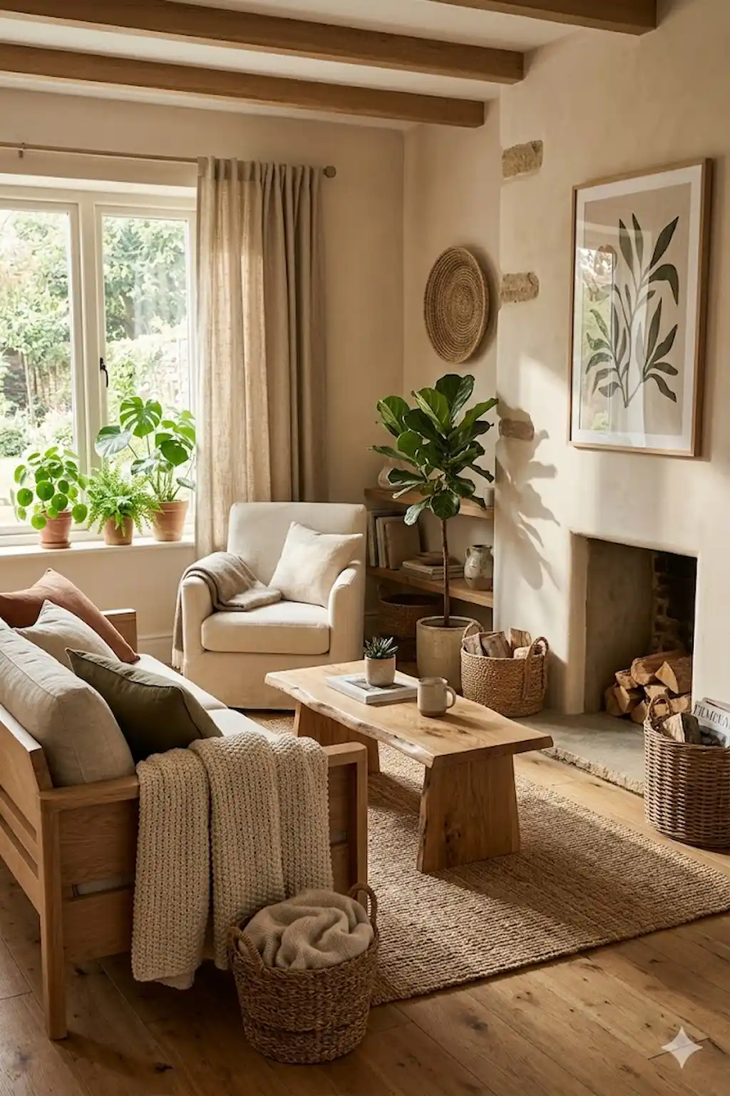 Cozy home interior featuring wood, wicker, linen, and natural textures