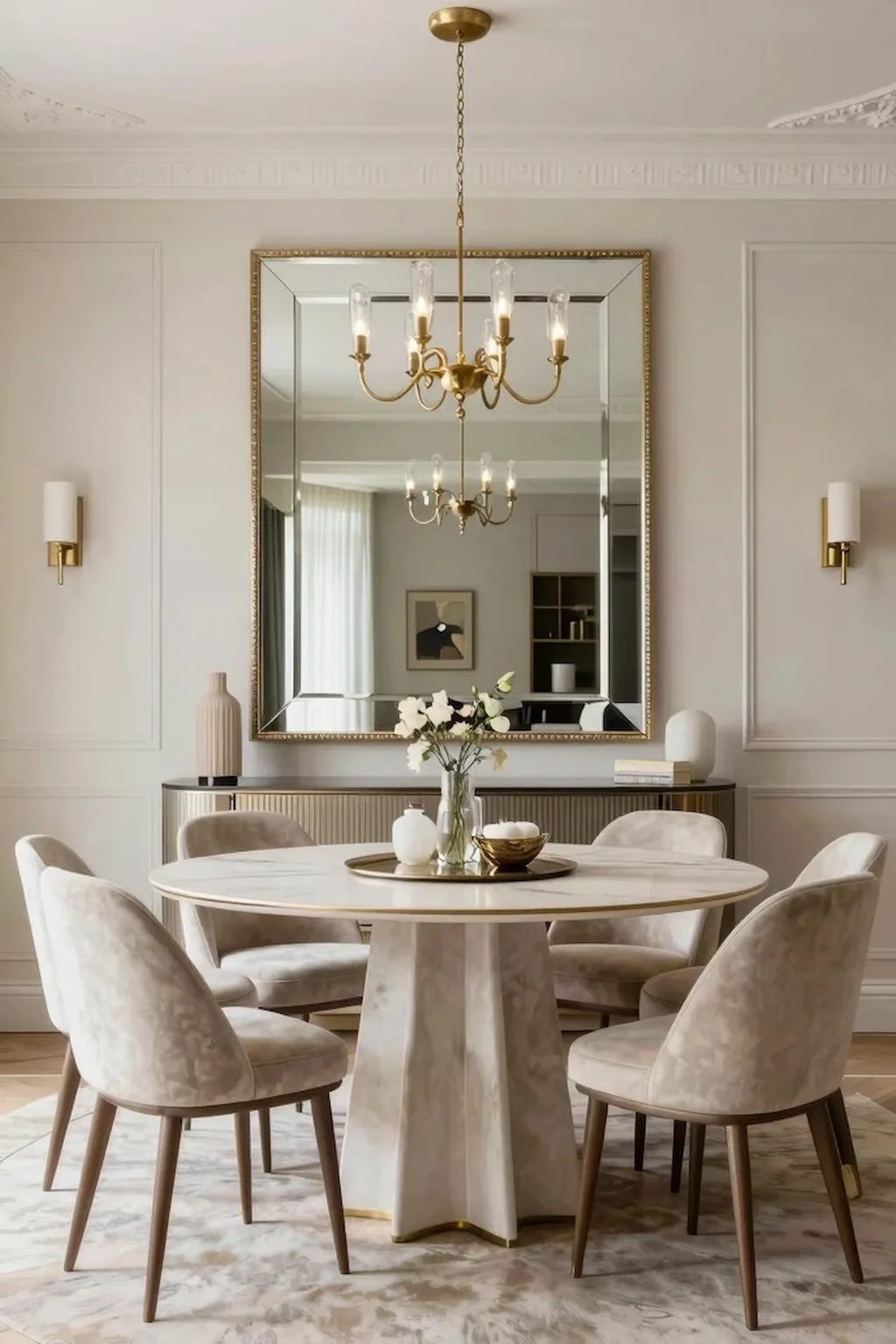 Elegant dining room with a large decorative mirror reflecting natural light