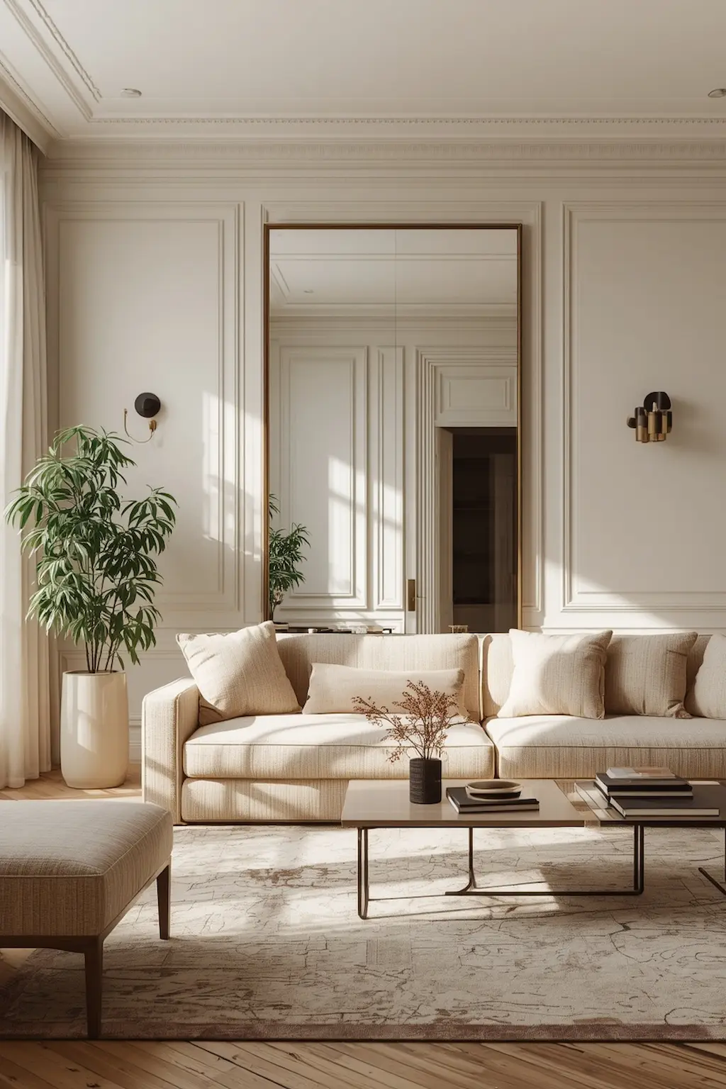Elegant living room featuring a large decorative mirror reflecting natural light