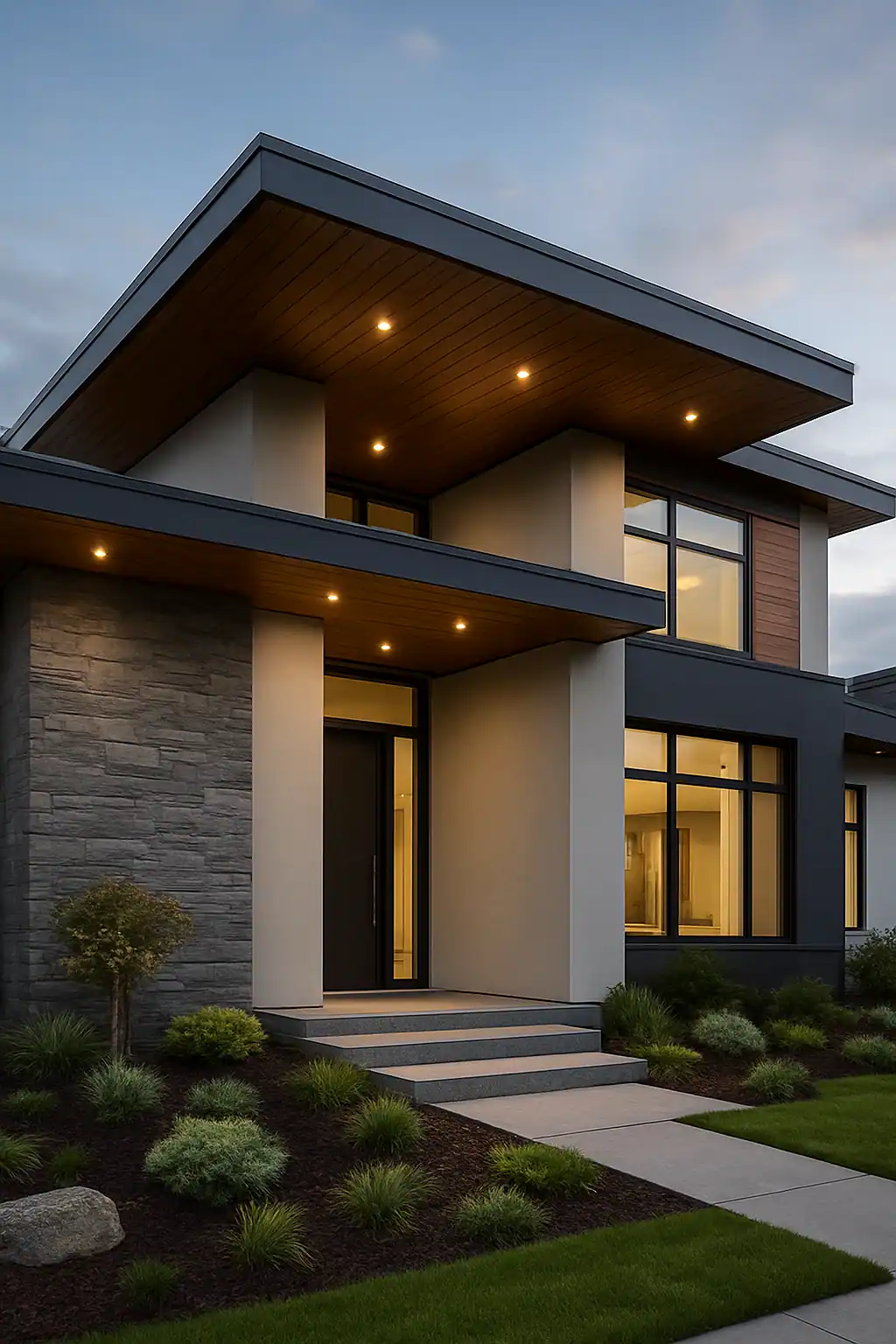Stylish home exterior with decorative soffit and dramatic extended roof overhang