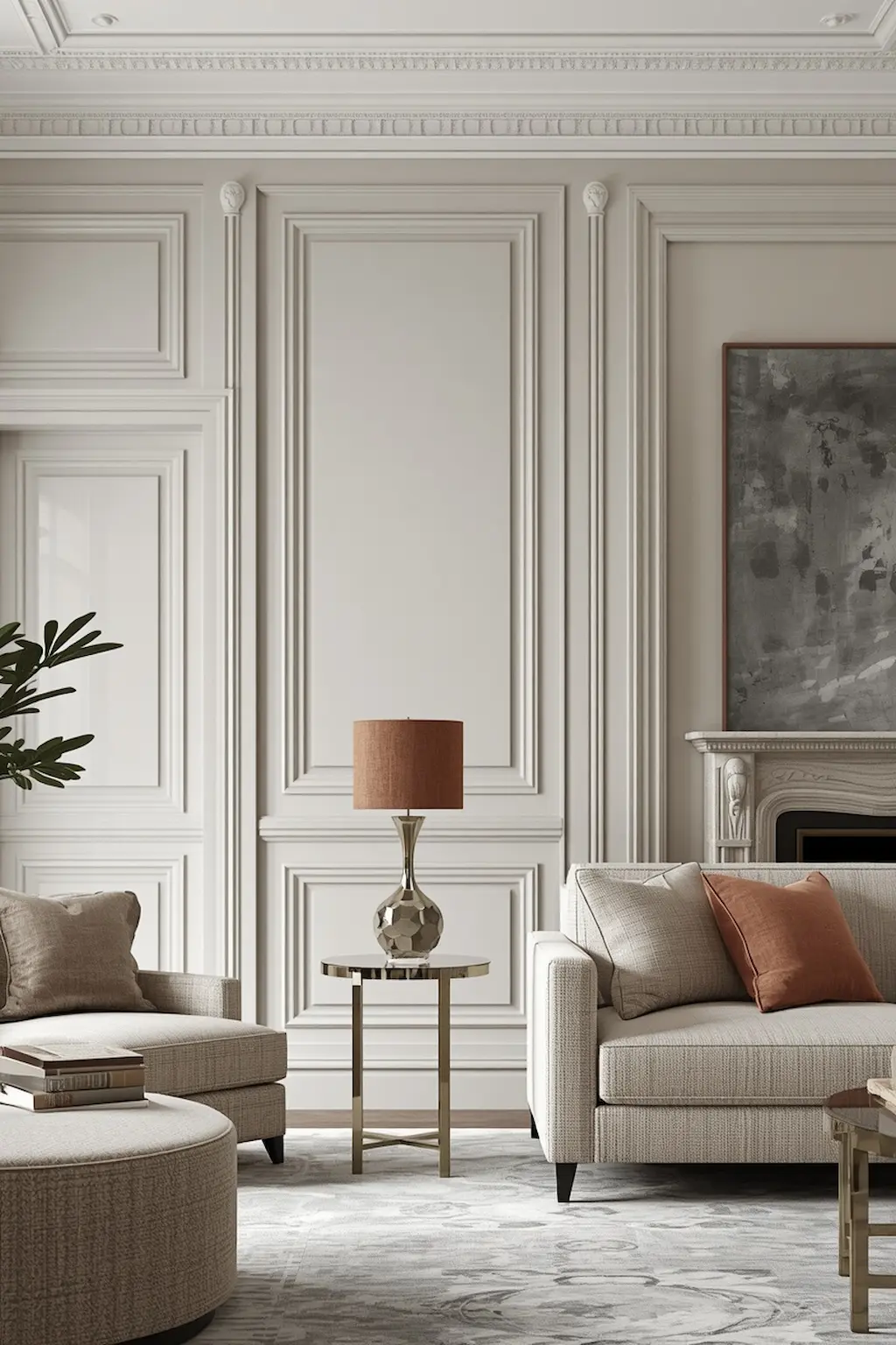 Sophisticated living room featuring elegant wall molding and timeless decor