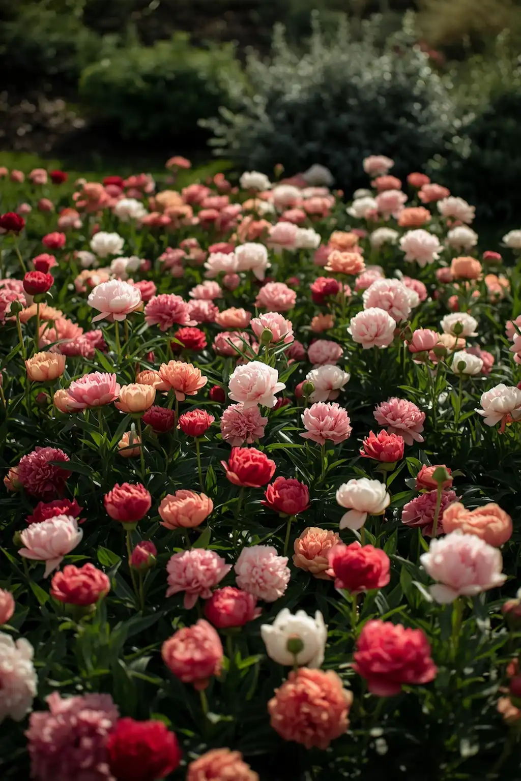 Large flower bed filled entirely with colorful peony blooms in a backyard garden