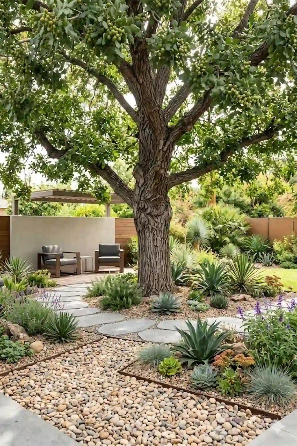 Low-maintenance backyard retreat with pistachio tree and decorative stone