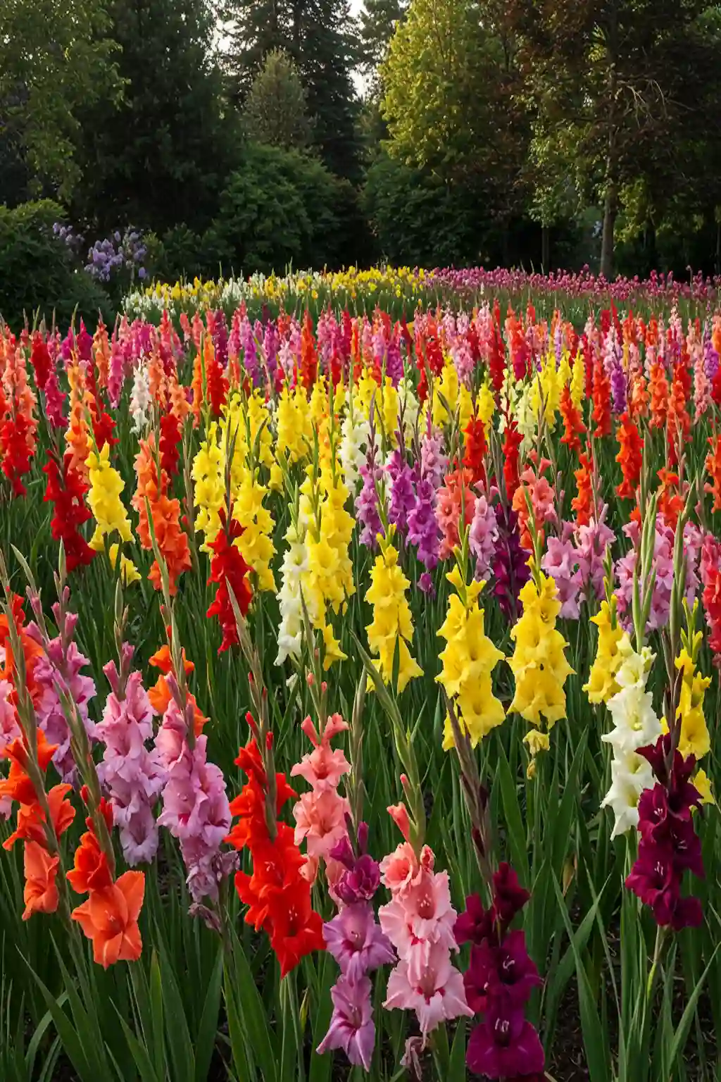 Rainbow gladiolus garden displaying flowers in every color