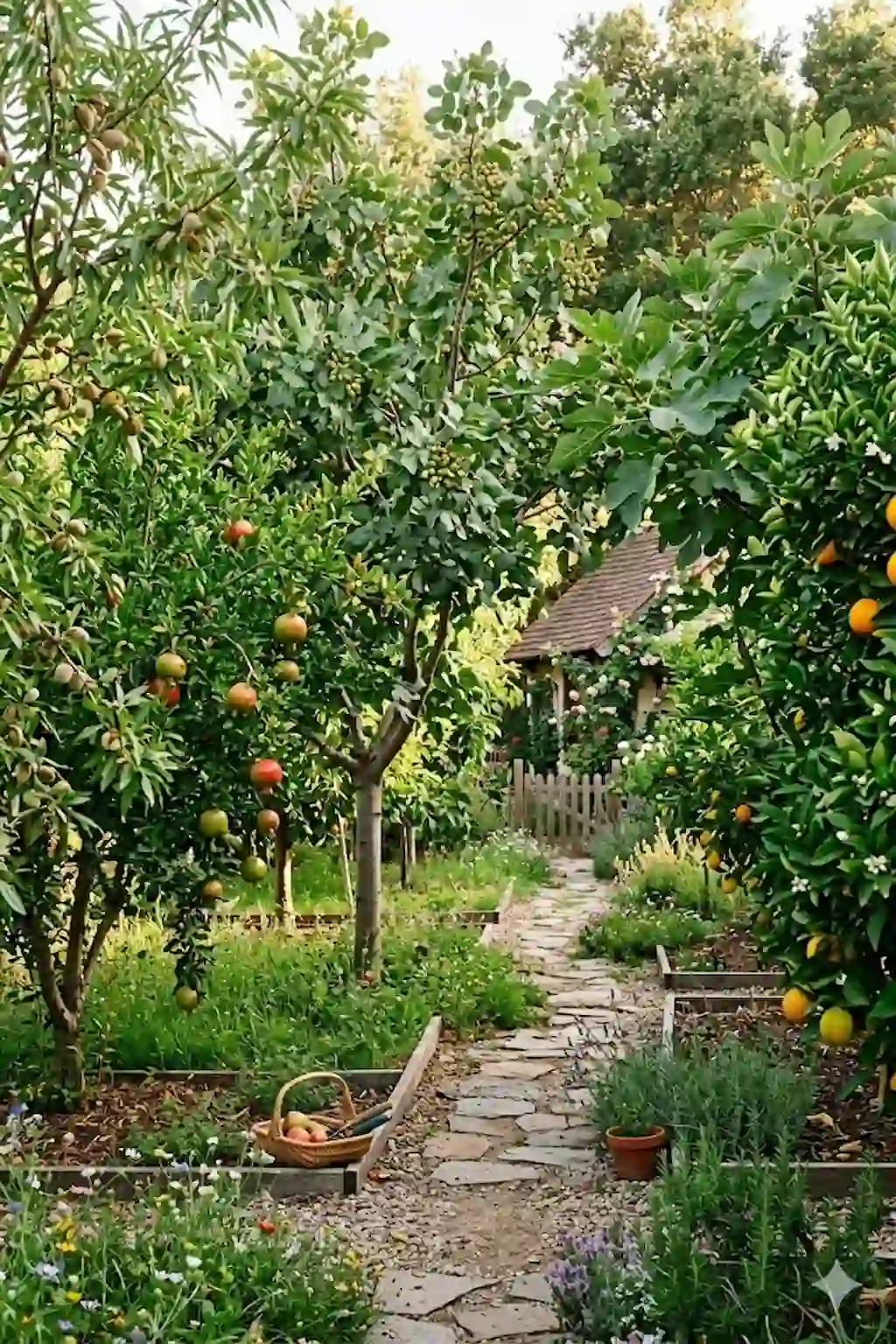 Small backyard orchard with pistachio and fruit trees