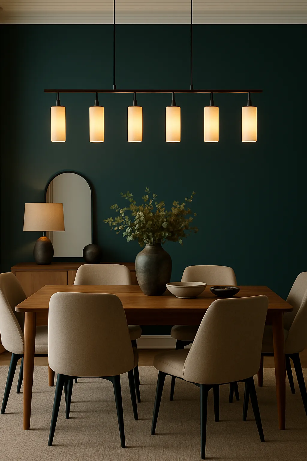 Stylish dining area featuring a bold painted accent wall behind the dining table