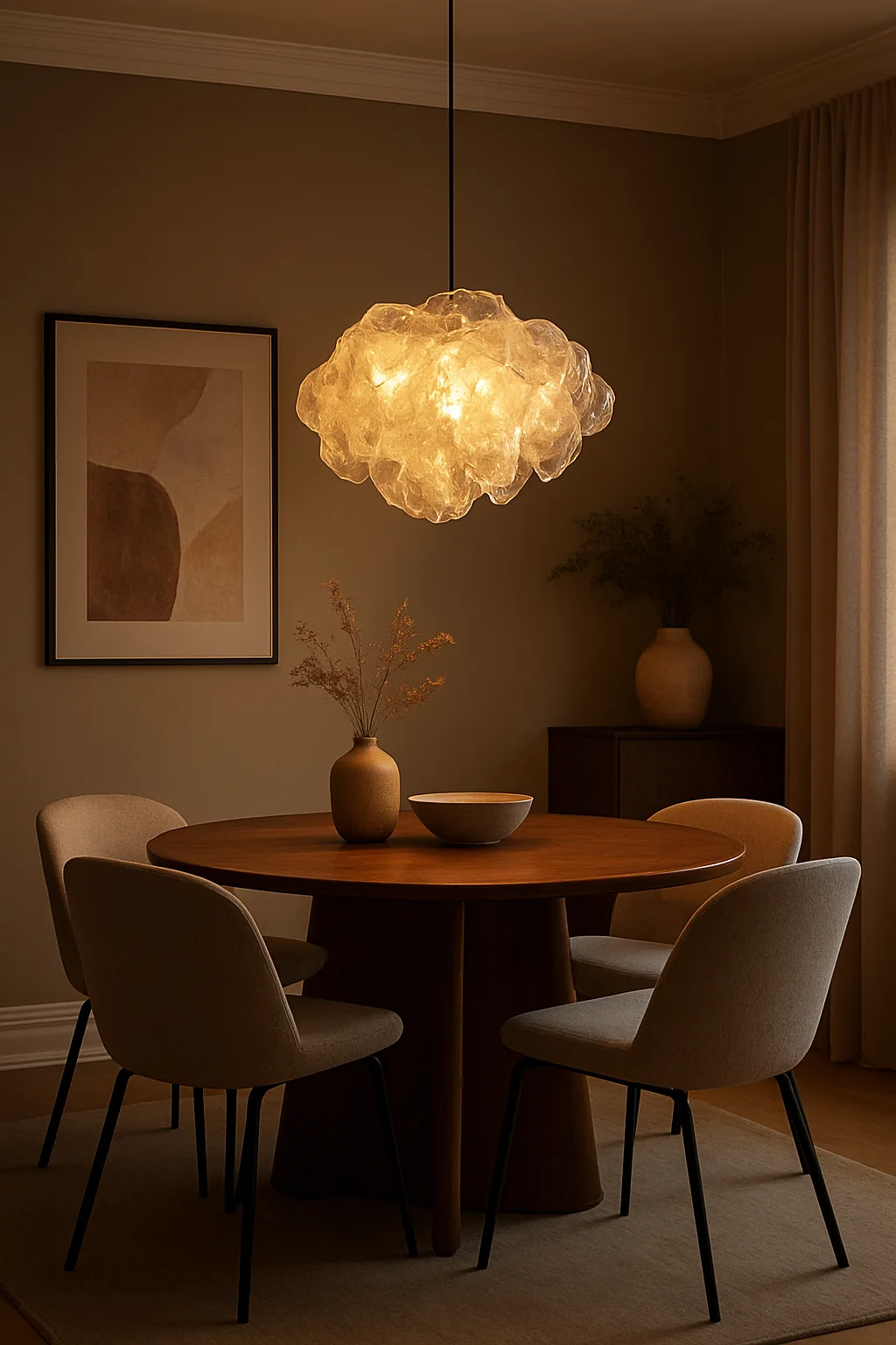 Modern dining room featuring a large pendant light above the table