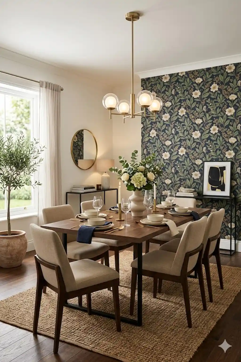 Elegant dining area with a decorative wallpaper accent wall