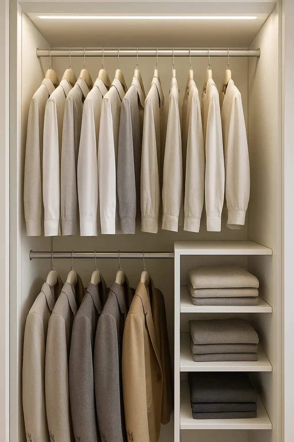 Small closet with double hanging rods maximizing clothing storage space