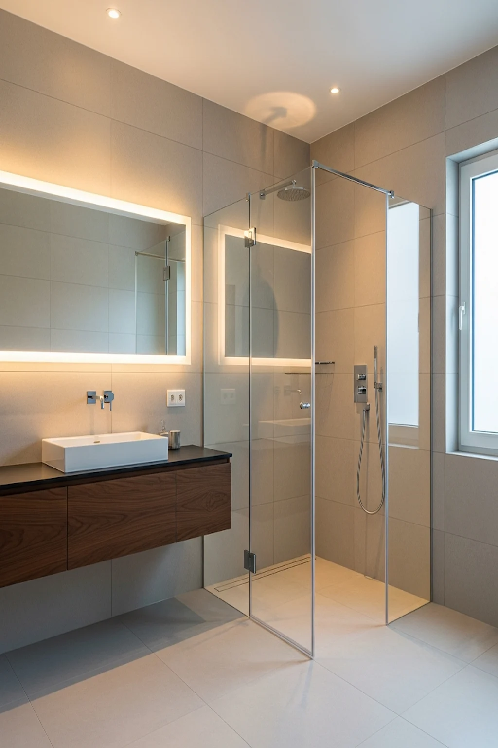 Large curbless shower featuring dual showerheads and luxury design