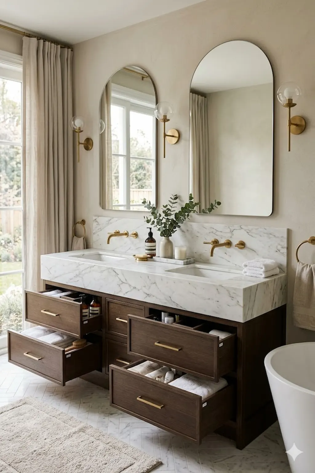 Spacious bathroom with double sink vanity cabinet offering organized storage and elegant design