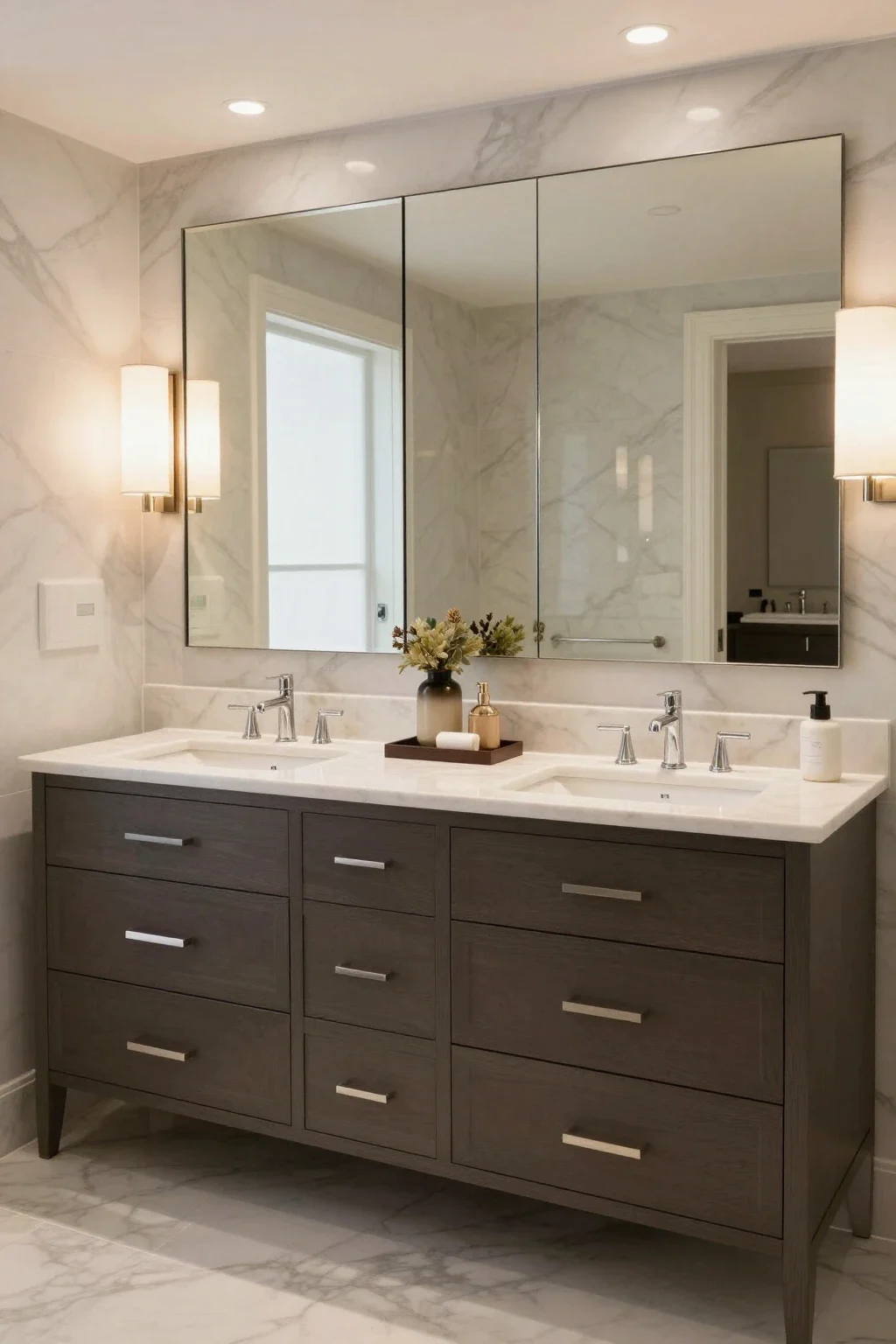 Spacious bathroom with double vanity cabinet offering organized storage and dual sinks