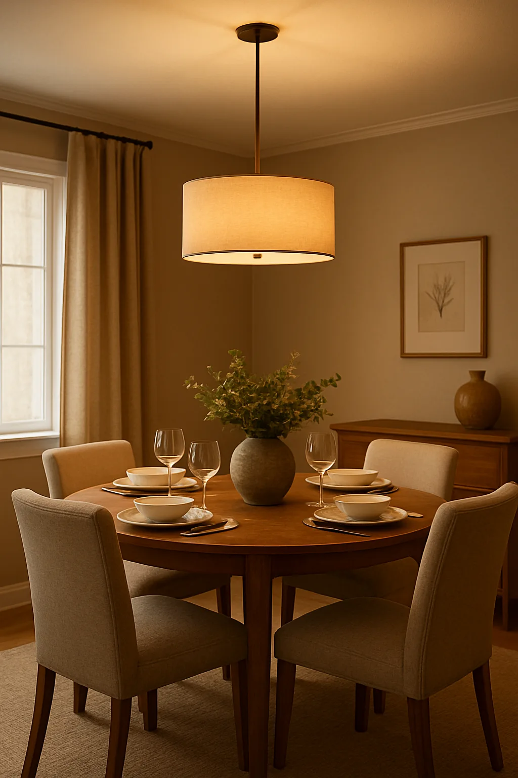 Dining room illuminated by a fabric drum shade chandelier