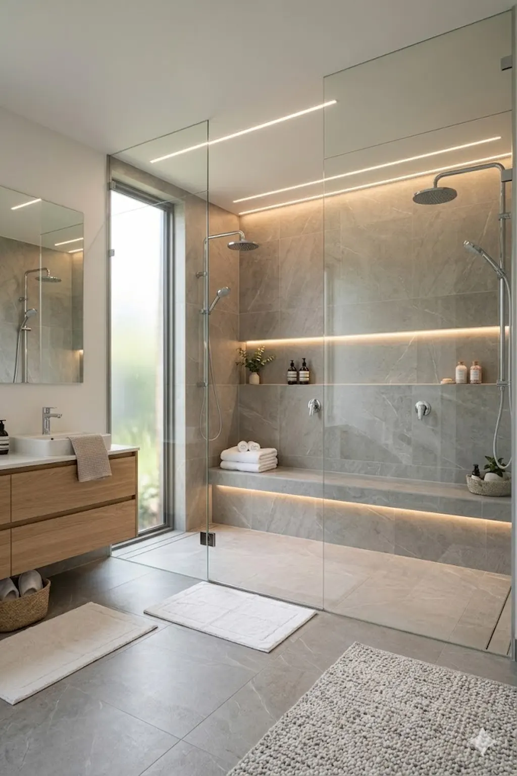 Spacious walk-in shower with dual showerheads and luxury features