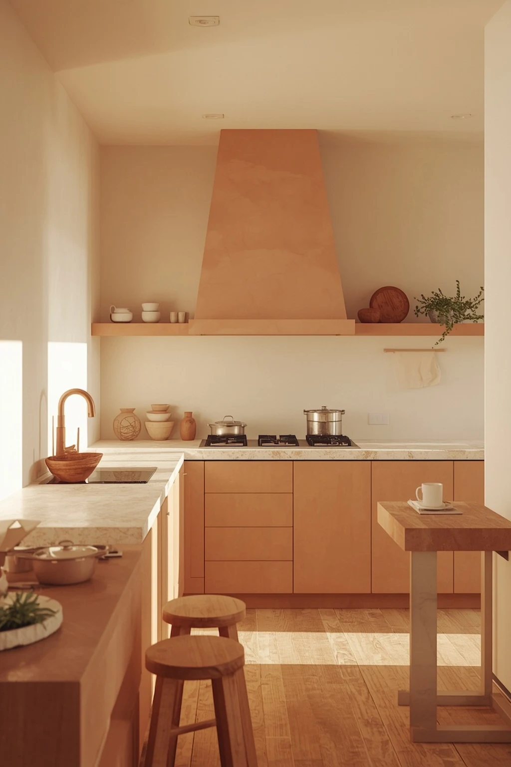 Minimalist kitchen with clay tones, stone surfaces, and natural materials
