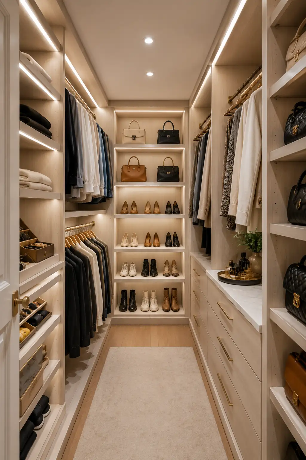 Compact walk-in closet with organized zones for clothing shoes and accessories