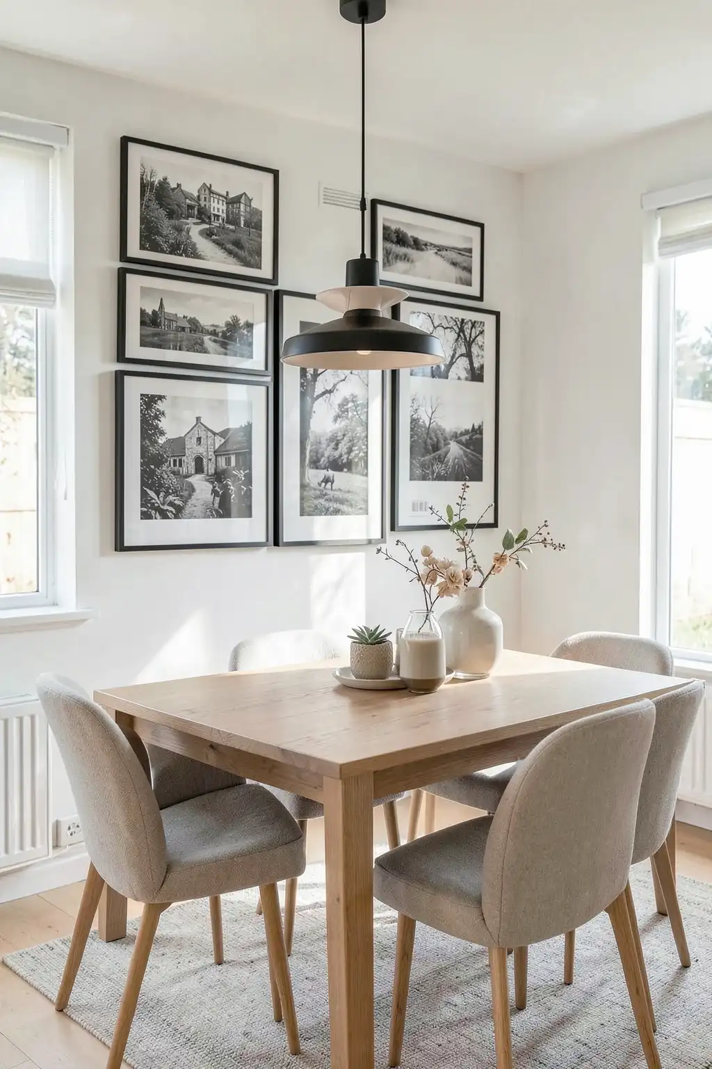 Minimalist dining room featuring a black and white photo gallery wall with matching frames