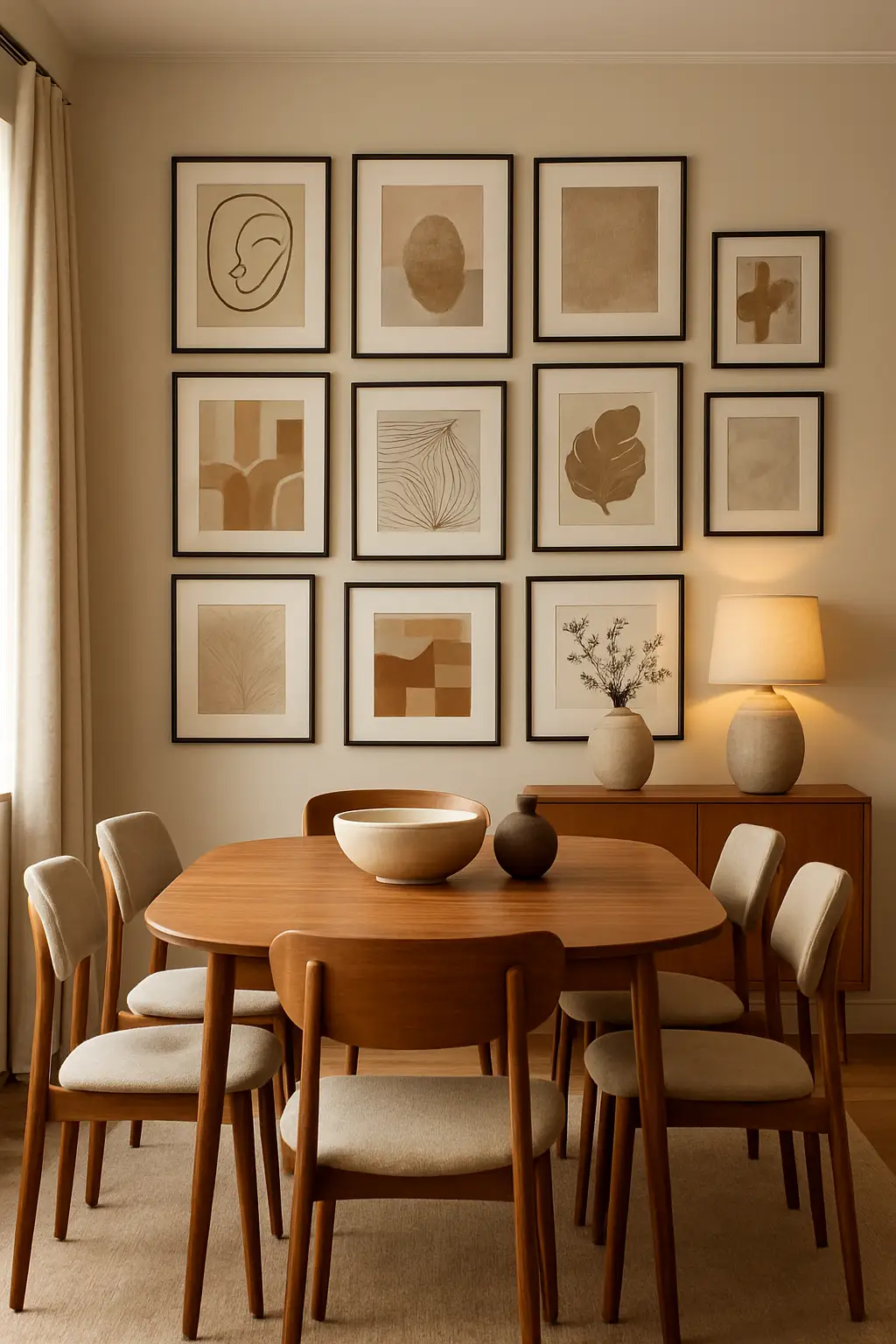 Dining room wall decorated with a curated gallery of framed artwork and photography