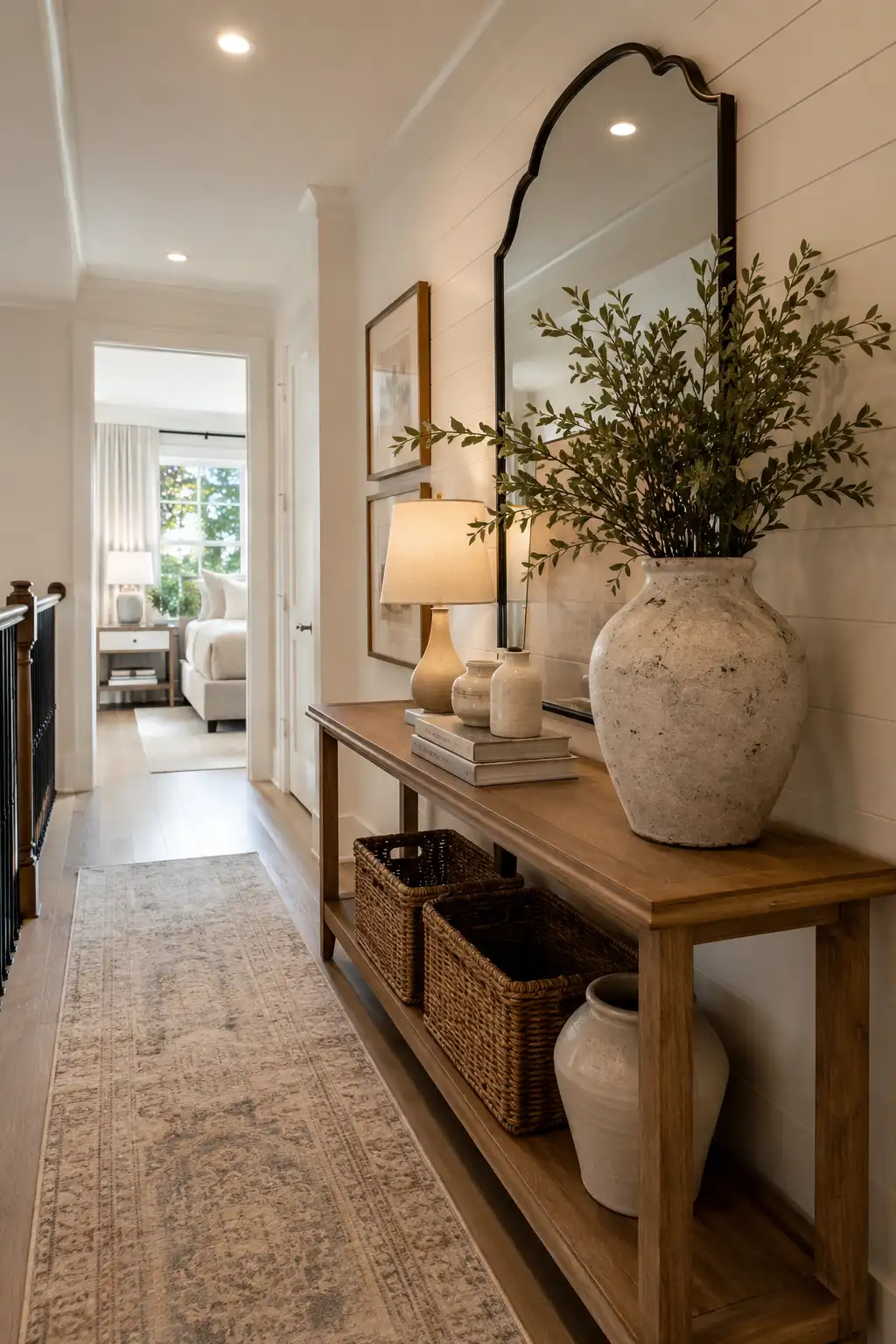 Narrow upstairs hallway featuring a decorative console table with modern styling and storage baskets.