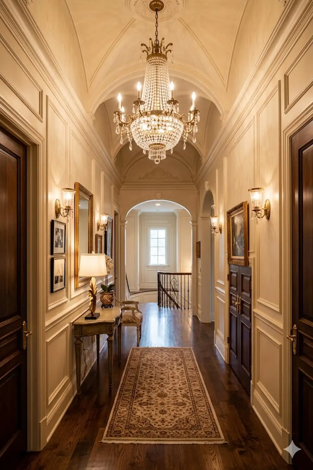 Luxury upstairs hallway featuring a stunning chandelier and sophisticated lighting design