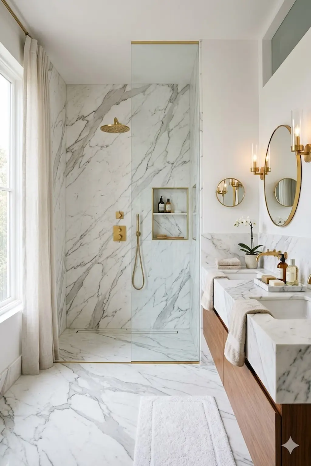 Luxury marble curbless shower with seamless flooring and spa-like design