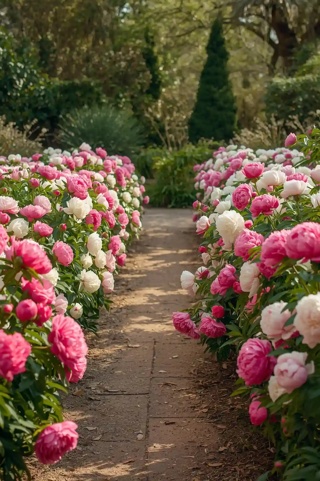 Garden walkway lined on both sides with blooming peony flowers