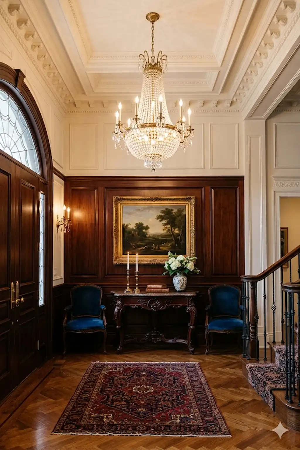 Traditional foyer with chandelier, classic furniture, and sophisticated decor