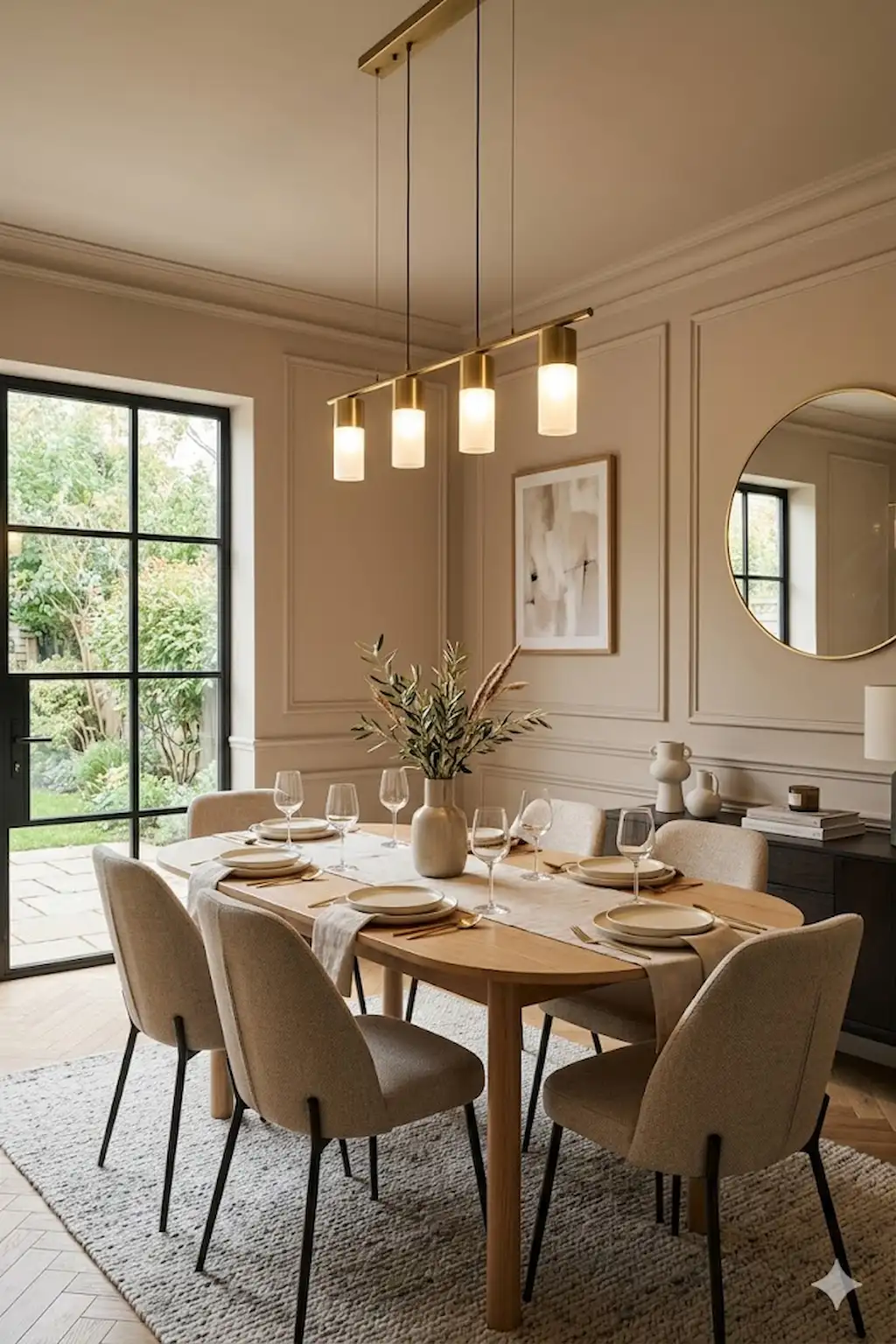 Sophisticated dining room featuring simple wall molding details and modern decor