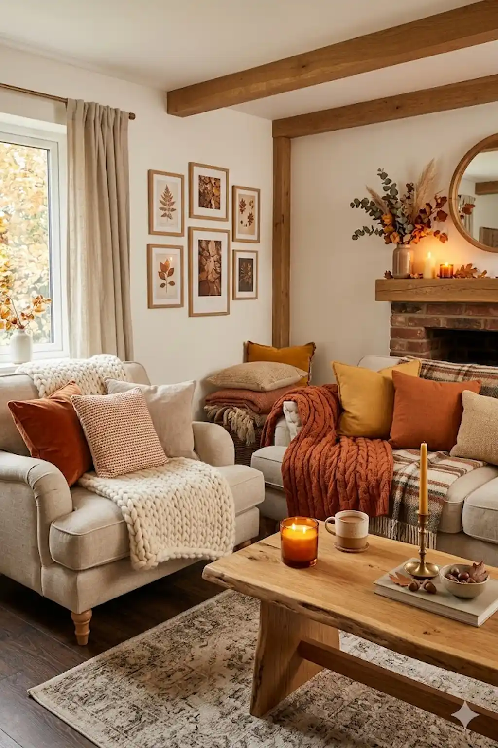 Cozy seasonal living room decorated with warm blankets and layered textures