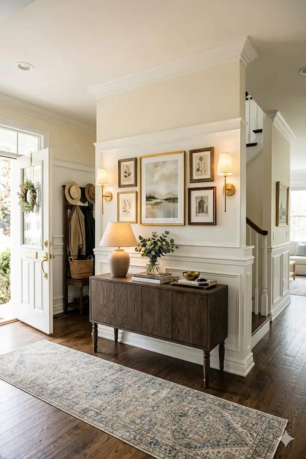 Beautiful entryway with classic wainscoting and decorative lighting