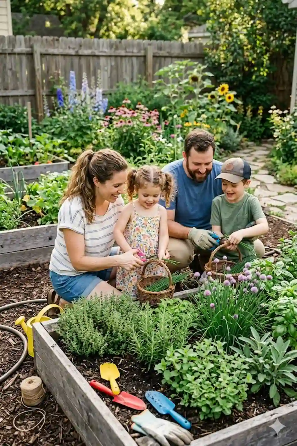 Children helping harvest fresh chives in a home herb garden