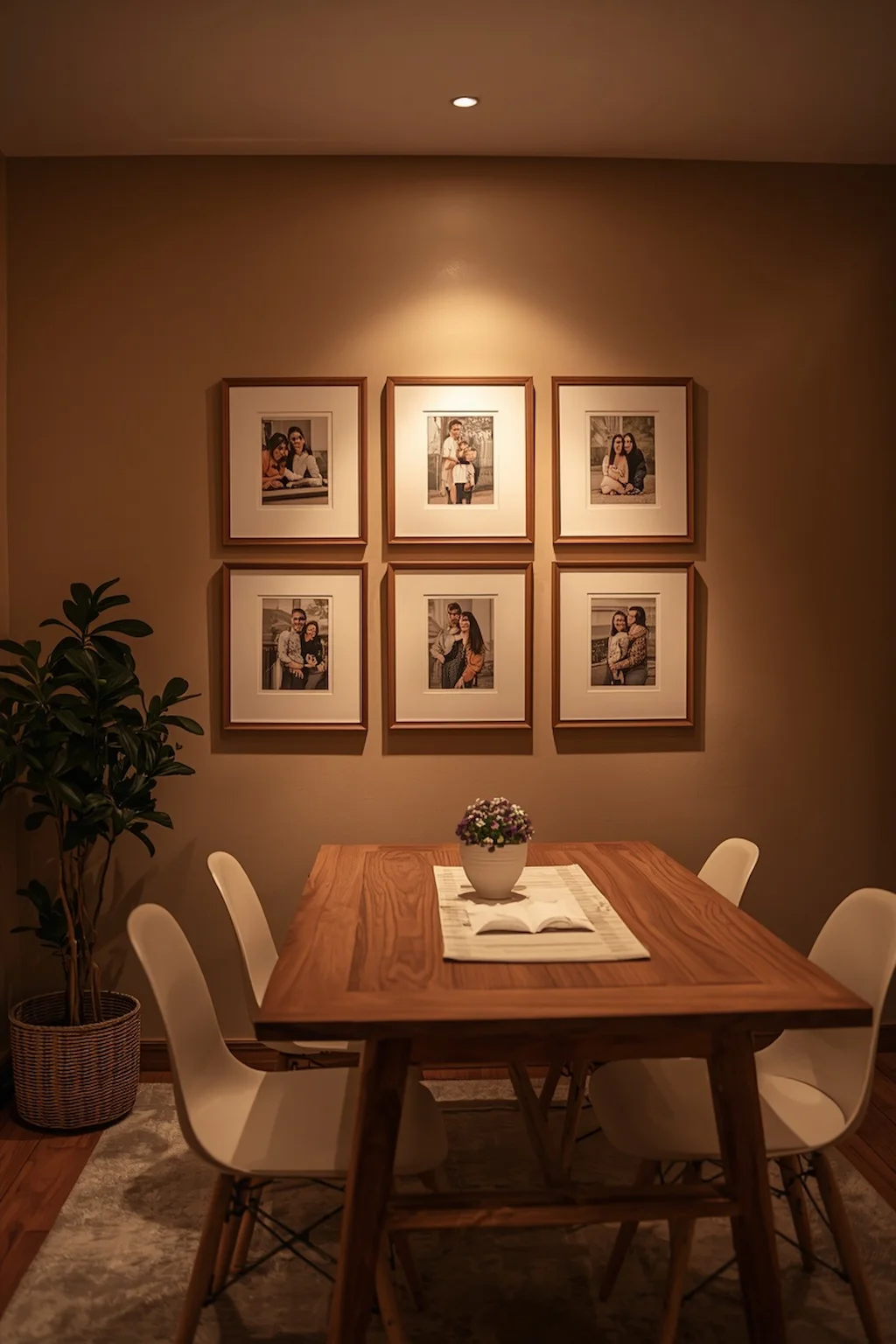 Dining area wall featuring coordinated framed family photographs