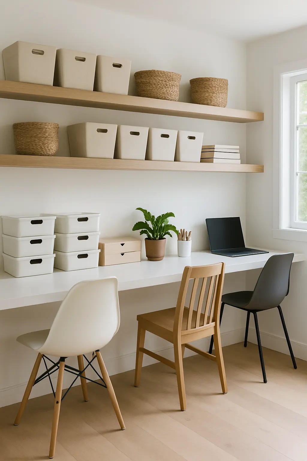 Shared family study nook with long desk and organized storage
