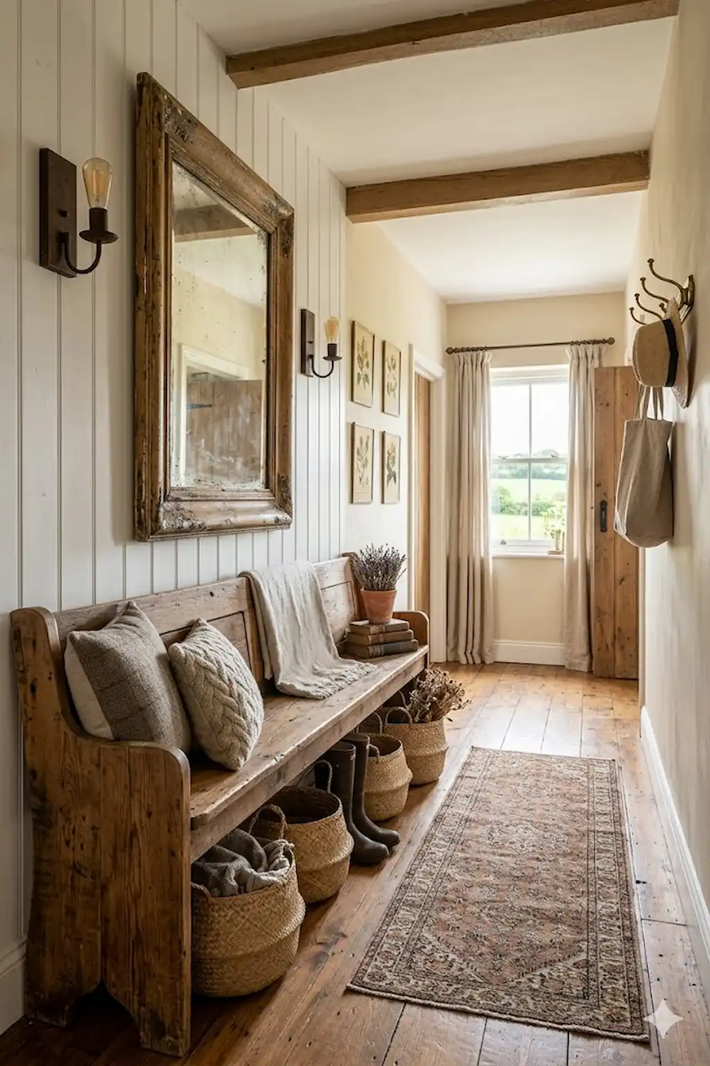 Cozy farmhouse hallway with wooden bench, rustic decor, and woven baskets